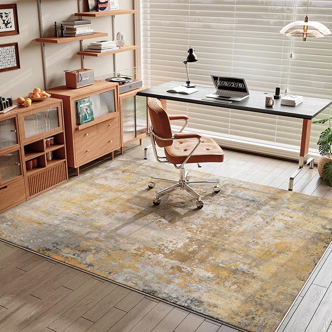 Beige Gold Washable Rug 6x9 Area Rugs for Living Room Bedroom Carpet, Indoor Vintage Abstract Boho Large Rug Non Slip Faux Wool Rugs for Dorm, Dining Room Table, Nursery, Kids Playroom
