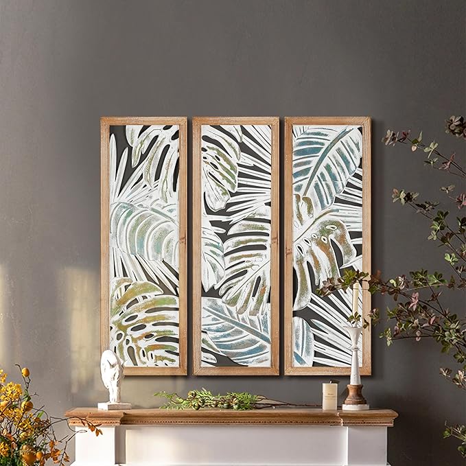 XIAOAIKA Boho Hand-Carved Wood Wall Art Decor, 35.5" Tropical Leaf Design, Distressed White Wood Panels, Decorative Hanging Wall Sculpture for Living Room, Bedroom, Office (Set of 3 Panels)