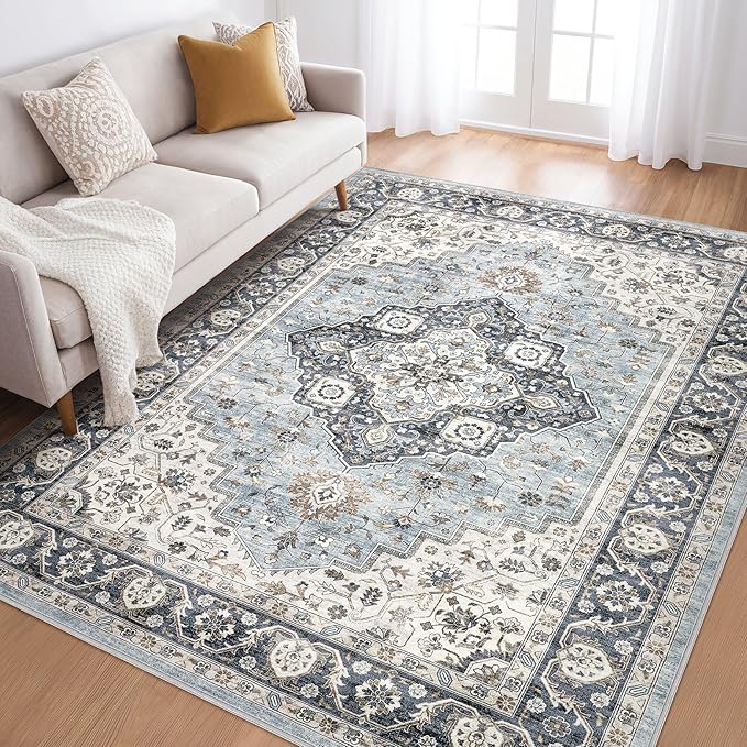 6x8 Area Rug Living Room: Washable Boho Large Neutral Vintage Soft Rug Stain Resistant Farmhouse Non-Slip Indoor Floor Carpet for Bedroom Nursery Kids Office Dining Room Home House- Blue Tan