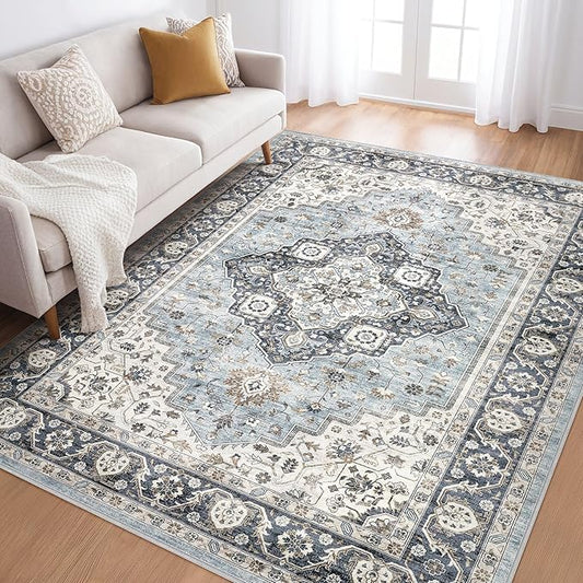 6x8 Area Rug Living Room: Washable Boho Large Neutral Vintage Soft Rug Stain Resistant Farmhouse Non-Slip Indoor Floor Carpet for Bedroom Nursery Kids Office Dining Room Home House- Blue Tan