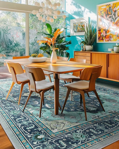 RELEANY Area Rugs 6'x9' Washable Non-Slip, Floral Vintage Distress Print Pattern Medallion Carpet for Living Room Bedroom Dining Room, Teal Green Lake Blue Turquoise