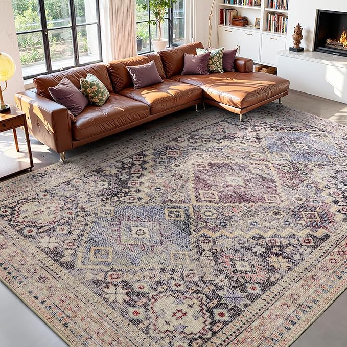 YOH Boho Washable Rug 9x12, Mauve Grey Vintage Non Slip Area Rug, Distressed Indoor Carpet for Living Room Bedroom Kitchen Office