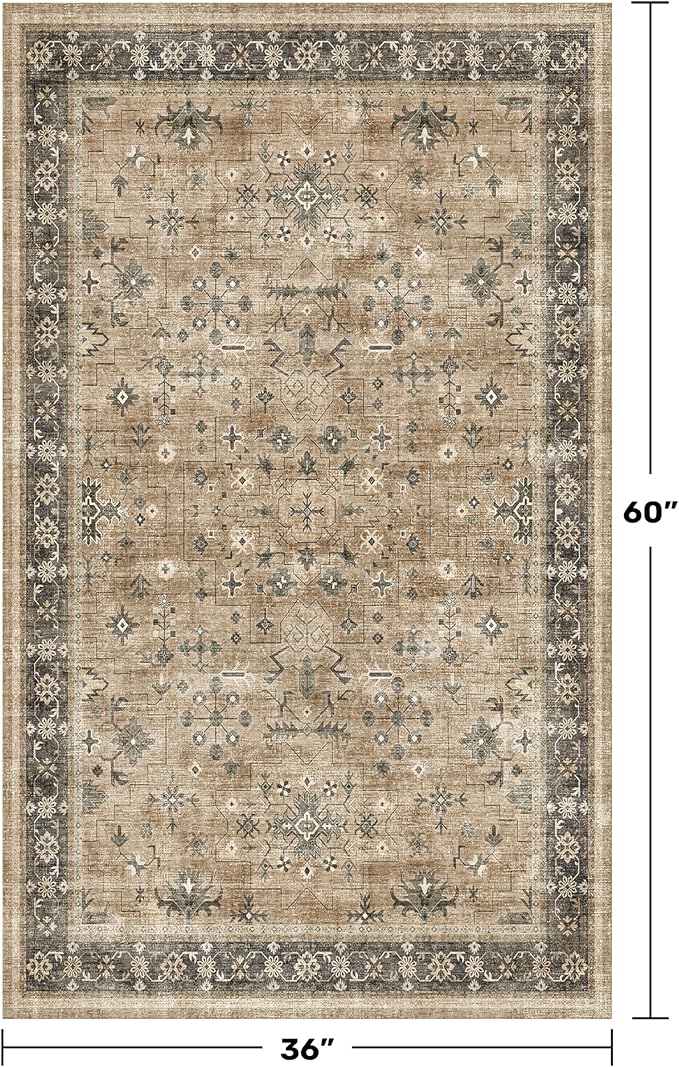 Boho Natural Earthy 3x5 Entryway Rug, Washable Mudroom Area Rug, Modern Vintage Kitchen Floor Carpet, Low Pile Non-Slip Carpet for Indoor Entrance and Laundry Room