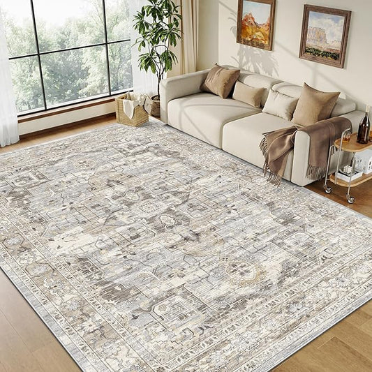 9x12 Washable Vintage Area Rug - Non-Slip Soft Rugs for Living Room Bedroom Dining Room, Stain Resistant Indoor Floor Mat for Home Decor (Beige/Brown, 9'x12')