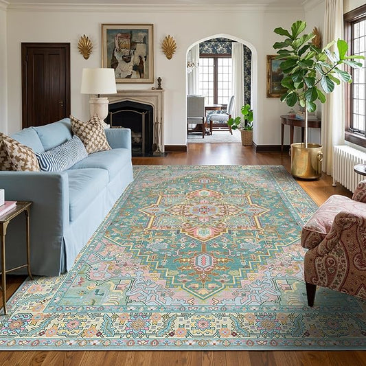 Kokia 9x12 Washable Turquoise Teal Area Rugs with Vintage Orient Design, Soft Rug for Living Room or Bedroom, Non-Slip Low Pile Stain Resistance Features, Distressed Medallion Pattern