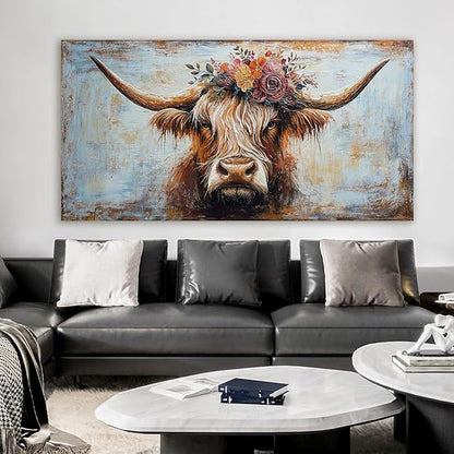 Canvas Wall Art Decor Oversized Wall Art Picutures for Living Room Highland Cow Wall Art Prints Large Vintage Wall Art Decor Canvas Art Wall Decor Artwork for Walls Home Bedroom Office Decorations 39" X 78"