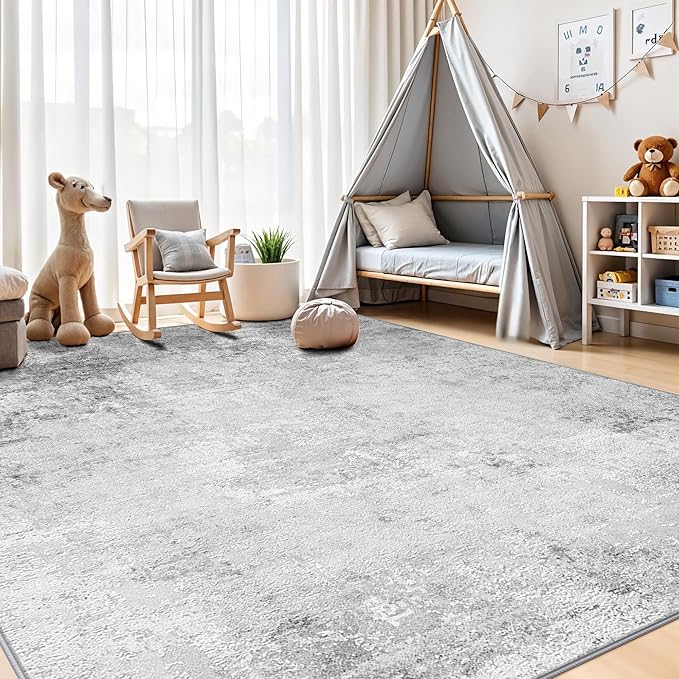 8x8 Square Area Rug Living Room: Abstract Washable Non-Slip Stain Resistant Rugs Low Pile Indoor Carpet for Dining Room Bedroom Office - Soft Throw Floor Mat for Modern Home Decor (8ft Square Grey)