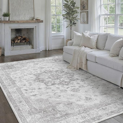 PureCozy Grey Gray Area Rug 5x7 Washable Vintage Carpet for Living Room Office Soft Retro Low Pile Thin Indoor Rug Non Slip Oriental Medallion Floor Cover for Bedroom Dining Room