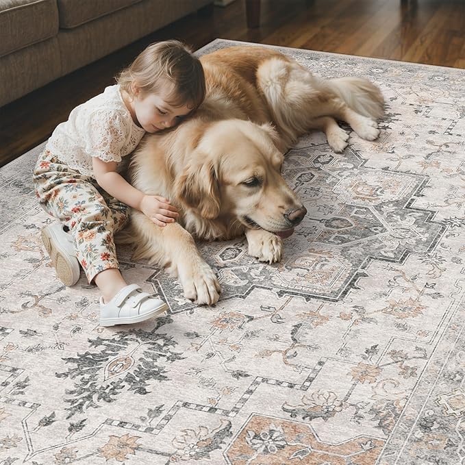 GENIMO 2.5x6 Reversible Runner Rugs for Hallway, Machine Washable Non Slip Vintage Rugs with Pad, Low Pile Lightweight Soft Print Rug for enrtyway, Corridor, Home, Office, Kitchen, Taupe & Blue