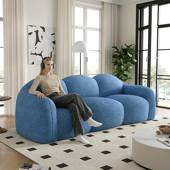 90" Modern Teddy Velvet Sofa Couch – One-Piece Memory Foam 3-Seater Sofa with Rounded Arms, Soft & Cozy Upholstery for Living Room