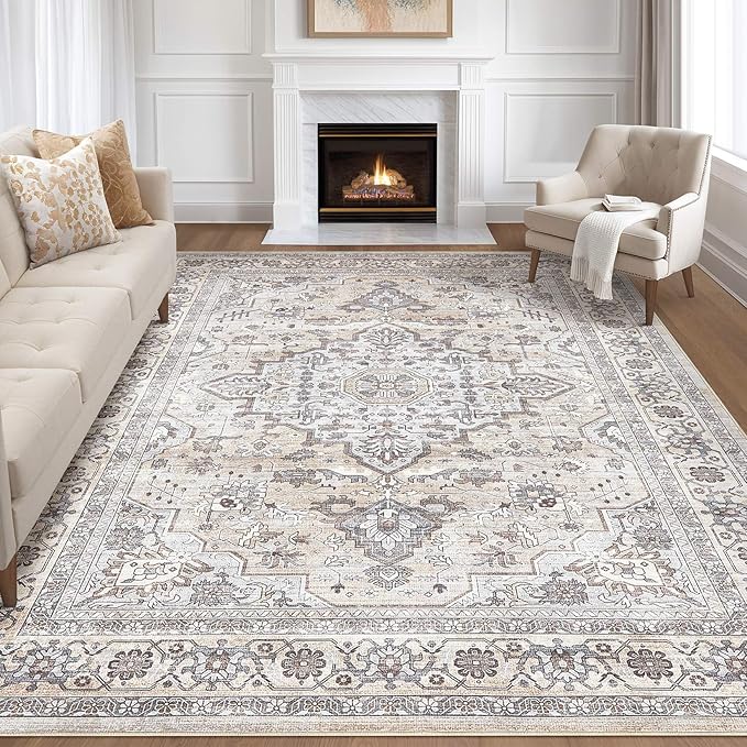 8x10 Area Rugs Living Room: Washable Boho Large Neutral Vintage Soft Rugs Stain Resistant Farmhouse Non Slip Indoor Floor Carpet for Bedroom Nursery Kids Playroom Office Dining Room Home- Ivory Gray