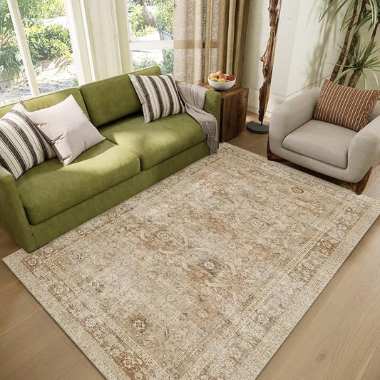 Washable 4x6 Rugs for Living Room, Boho Non-Slip Vintage Distress Small Rugs for Bedroom Nursery Office, 0.3" Neutral Oriental Throw Thin Carpet with Cushioning Pad, Brown/Multi, C1