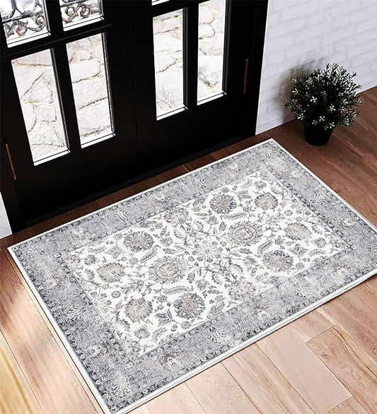 CHAMPLANT Area Rug 2x3 Washable Rug Door Mat Vintage Distressed Doormat Indoor Entrance Traditional Thin Floral Print Non Slip Carpet for Kitchen Bathroom Bedroom Living Room