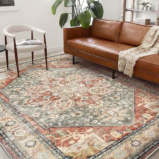 CHAMPLANT Area Rug 6'x9' Red Khaki Washable Vintage Traditional Floor Cover Thin Retro Kitchen Indoor Distressed Non Slip Carpet Floral Area for Living Room Bedroom Dining Room