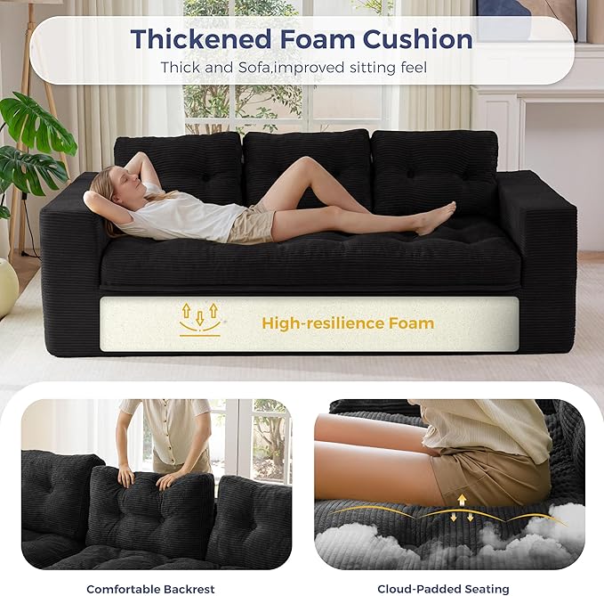 MAXYOYO 79" Loveseat Sofa Couch for Small Spaces, Upholstered Boneless Cloud Couch for Apartment Bedroom, 3-Seater Love Seat Floor Modern Sofa with Pillows, No Assembly Required, Black