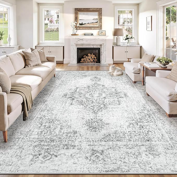 9x12 Area Rugs for Living Room, Washable Vintage Boho Medallion Rug Non Slip Low Pile Floor Carpet for Bedroom Dining Room Home Office (Grey, 9'x12')