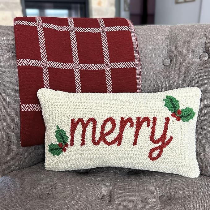 Hand Hooked Christmas Pillow - 9X16 inches Throw Pillow for Couch or Dorm (Merry)