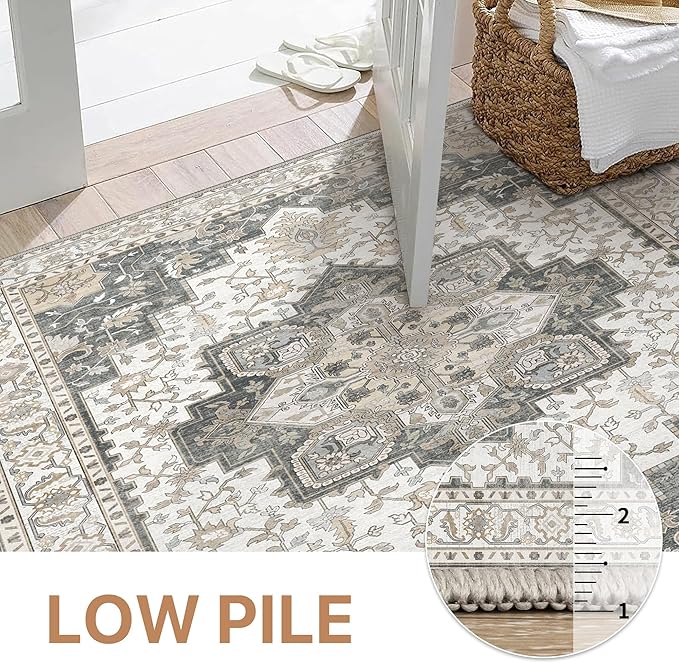 GENIMO 6FT Round Area Rugs for Living Room, Circle Rugs Machine Washable Low Pile, Chenille Non Slip Vintage Rug for Bedroom, Dining Room, Home Office, Heathered Grey
