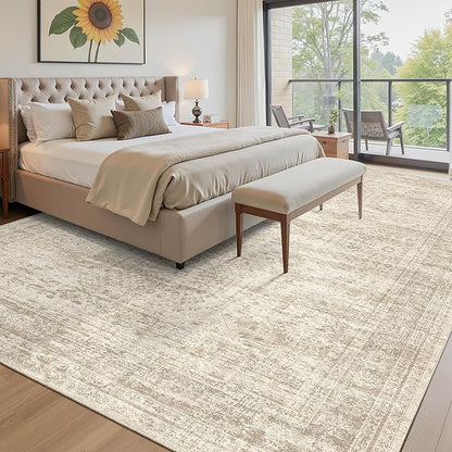 Soalmost Area Rug 10x12 Vintage Washable Living Room Large Carpet Non Slip Bedroom Indoor Office Dining Room Low Pile Thin Rug Beige