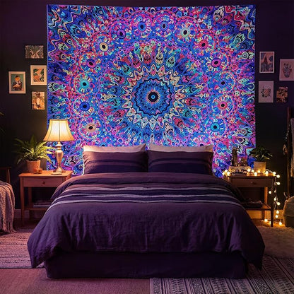 PRRPRR Blacklight Mandala Tapestry for Bedroom, UV Reactive Trippy Wall Tapestry, Bohemian Aesthetic Wall Art Decor for Adults Teens and Hippies(Mandala, 59"x51")