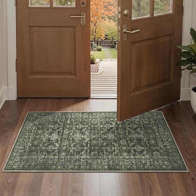 2x4 Green Runner Rug Hallway Washable Area Rugs Kitchen Vintage Boho Non Slip Long Rug Floral Carpet Indoor Retro Soft Low Pile Throw Rug for Bedroom Bathroom Laundry Dining Living Room Office