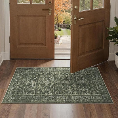 2x4 Green Runner Rug Hallway Washable Area Rugs Kitchen Vintage Boho Non Slip Long Rug Floral Carpet Indoor Retro Soft Low Pile Throw Rug for Bedroom Bathroom Laundry Dining Living Room Office
