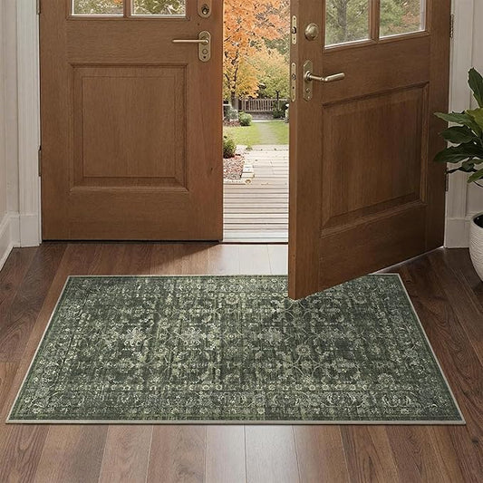 2x4 Green Runner Rug Hallway Washable Area Rugs Kitchen Vintage Boho Non Slip Long Rug Floral Carpet Indoor Retro Soft Low Pile Throw Rug for Bedroom Bathroom Laundry Dining Living Room Office
