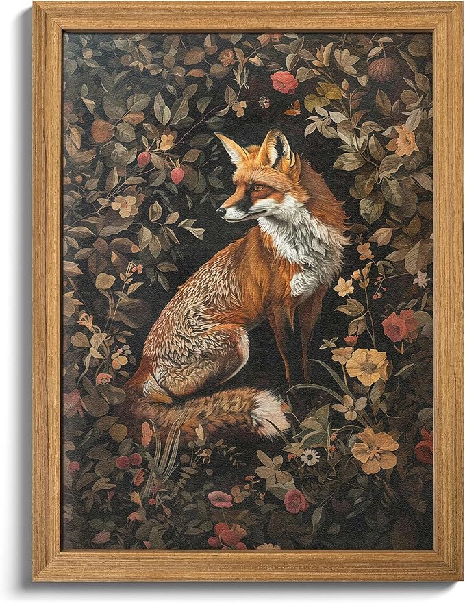 Framed 3D Textured Vintage Wall Art - Dark Academia Decor Hand Drawn Sandstone Fox Paintings with Botanical Florals, Aesthetic Wall Decor for Living Room Bedroom Home 8x10 inch