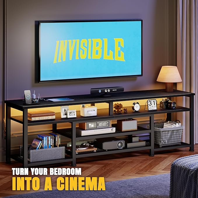 Korfile TV Stand for 65/75/80 inch TV, 71 in Entertainment Center with LED Lights and Power Outlets, TV Console Table with Open Shelves for Living Room and Bedroom, Black