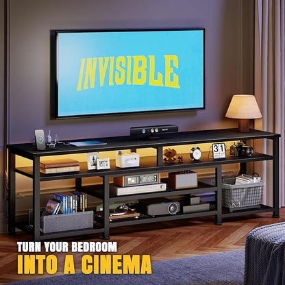 Korfile TV Stand for 65/75/80 inch TV, 71 in Entertainment Center with LED Lights and Power Outlets, TV Console Table with Open Shelves for Living Room and Bedroom, Black