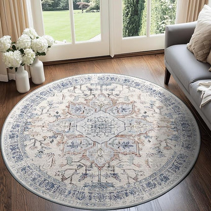 BESTSWEETIE 6ft Area Rug Washable Rugs for Living Room, No Pile Boho Carpet for Entryway Bedroom Dinning Room, Vintage Carpet Print Distressed Non-Slip, 72" Round, Beige Blue