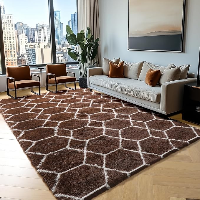 ONASAR 5x7 Area Rugs for Living Room Bedroom, Fluffy Brown and White Throw Rug, Geometric Boho Soft Plush Shaggy Floor Bedside Carpet Mat for Nursery Kids Girls Boys Teen Dorm Home Decor