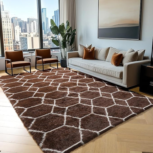 ONASAR 5x7 Area Rugs for Living Room Bedroom, Fluffy Brown and White Throw Rug, Geometric Boho Soft Plush Shaggy Floor Bedside Carpet Mat for Nursery Kids Girls Boys Teen Dorm Home Decor