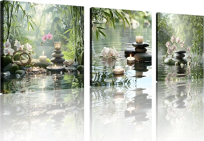 TutuBeer 3 Pcs Zen Wall Art Zen Pictures for Bathroom Spa Still Life Spa Stone Green Bamboo White Orchid on Water Pictures Print on Canvas for Home Office Wall Decor Stretched and Framed 16x16inchx3