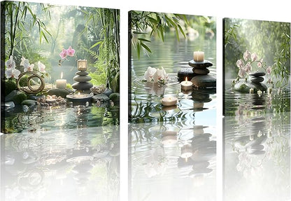 TutuBeer 3 Pcs Zen Wall Art Zen Pictures for Bathroom Spa Still Life Spa Stone Green Bamboo White Orchid on Water Pictures Print on Canvas for Home Office Wall Decor Stretched and Framed 20x20inchx3