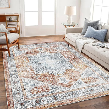 CHAMPLANT 4x6 Washable Vintage Area Rug Tangerine Traditional Floor Cover Foldable Rug Retro Kitchen Accent Rug Indoor Distressed Non Slip Carpet Floral Print Mat Bedroom Living Room Bathroom