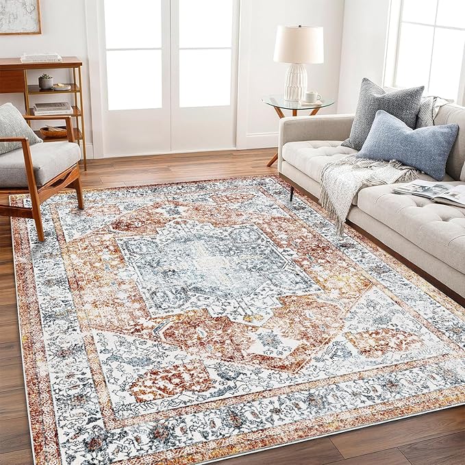 CHAMPLANT 5x7 Washable Area Rug Vintage Traditional Floor Cover Foldable Thin Rug Retro Kitchen Accent Rug Indoor Distressed Non Slip Carpet Floral Print Mat Bedroom Living Room Bathroom