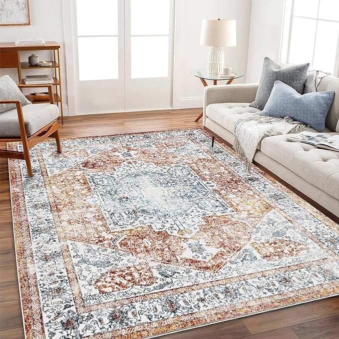 CHAMPLANT Area Rug 8x10 Washable Rug Tangerine Vintage Traditional Mat Distressed Indoor Foldable Thin Retro Accent Floral Print Rug Non Slip Carpet Living Room Dining Room Office