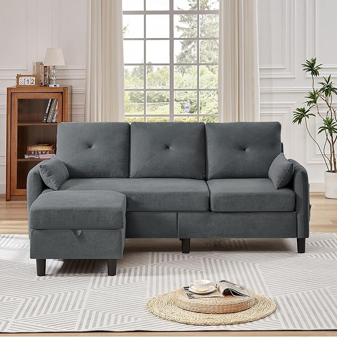 Convertible Sectional Sofa, 77" Small L Shaped 3 Seat Couch with Reversible Storage Chaise, Modern Polyester Fabric Sofa Couches for Living Room, Apartment and Small Space, Dark Grey