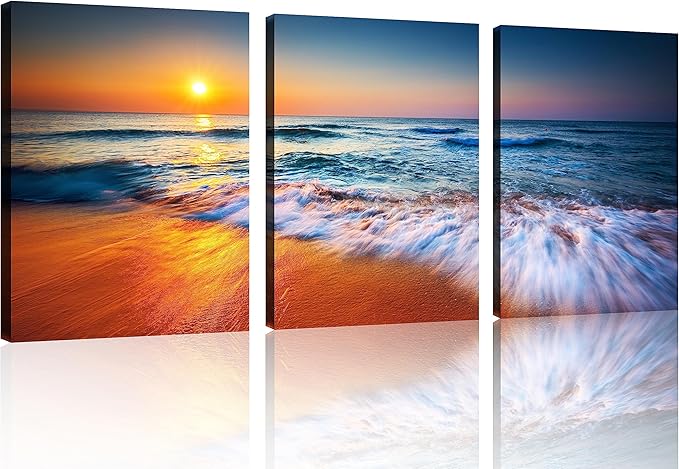TutuBeer 3 Pcs Ocean Pictures Beach Pictures Beautiful Sunrise over the Sea Picture Print on Canvas Wall Decor Beach Picture Ocean Wall Art Stretched and Framed 16" x 32" x 3 Pcs