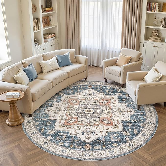 8x8 Round Area Rugs Washable Vintage - Soft Traditional Rugs for Living Room Large Non Slip Backing with Low Pile Farmhouse Oriental Retro Carpet for Bedroom Dining Room or Home Office - Blue