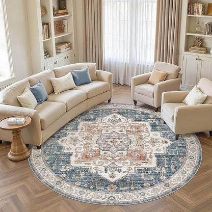 8x8 Round Area Rugs Washable Vintage - Soft Traditional Rugs for Living Room Large Non Slip Backing with Low Pile Farmhouse Oriental Retro Carpet for Bedroom Dining Room or Home Office - Blue