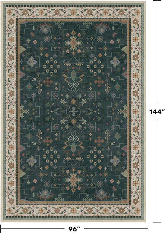 Hazo Haus Vintage 8x12 Large Area Rugs for Living Room - Oriental Dark Green Rug for Bedroom Under Bed, Washable Soft Dining Room Rug Under Kitchen Table, Low Pile Non Slip Unique Indoor Décor