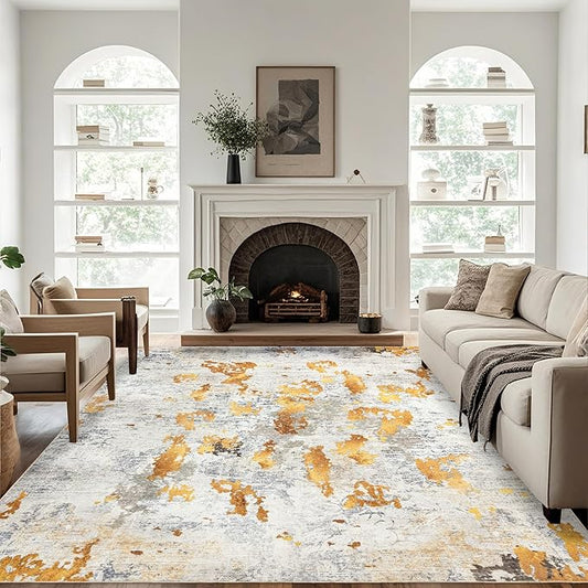 Washable 9x12 Area Rug: Modern Large Rugs for Living Room Dining Room Bedroom Office Indoor - Non-Slip Carpet Home Decor - Orange Gold Grey