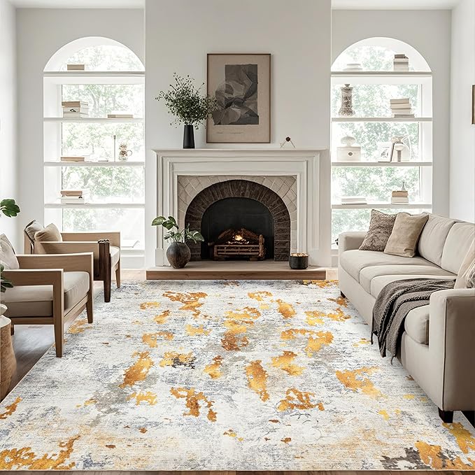 Washable 8x10 Area Rug: Modern Large Rugs for Living Room Dining Room Bedroom Office Indoor - Non-Slip Carpet Home Decor - Orange Gold Grey