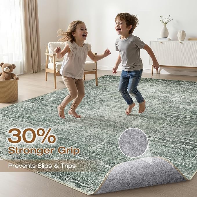 8x10 Area Rugs Living Room: Washable Large Neutral Rug Abstract Soft Modern Stain Resistant Indoor Floor Non-Slip Carpet for Bedroom Nursery Kids Office Playroom Dining Room Under Table- Dark Green