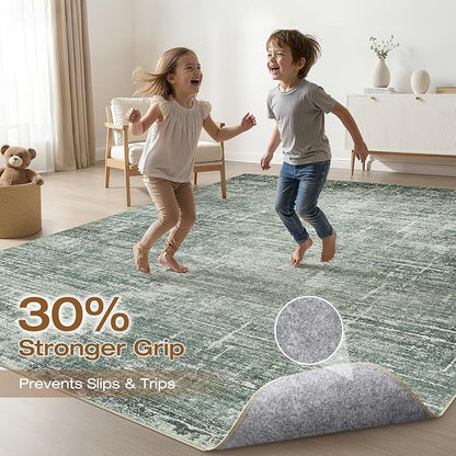 8x10 Area Rugs Living Room: Washable Large Neutral Rug Abstract Soft Modern Stain Resistant Indoor Floor Non-Slip Carpet for Bedroom Nursery Kids Office Playroom Dining Room Under Table- Dark Green