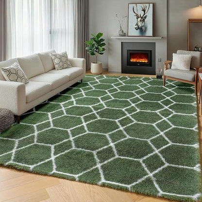 ONASAR Area Rugs for Bedroom Living Room, 4x6 Fluffy Olive Green and White Throw Rug, Soft Plush Fuzzy Shaggy Geometric Floor Carpet for Nursery Kids Girls Boys Teen Dorm Home Decor Aesthetic