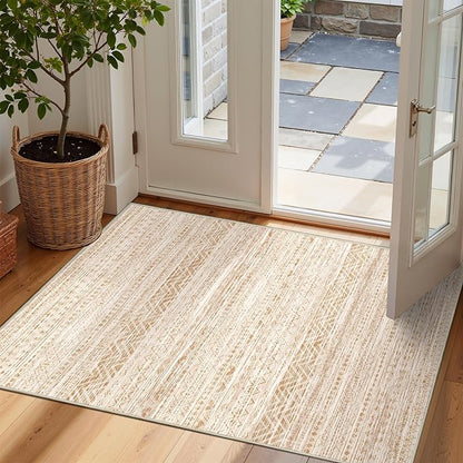 Miukiki 2x3 Entryway Rug Moroccan Washable Non Slip Indoor Floor Carpet Foldable Thin Rug for Dining Room Bedroom with Low Pile(Beige,2'x3')