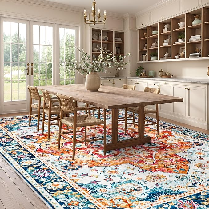 8x10 Area Rugs for Living Room, Machine Washable Vintage Rug, Non-Slip Low Pile Throw Rugs with Rubber Backing Washable Carpet for Bedroom Dining Room Kitchen Home Decor, Orange